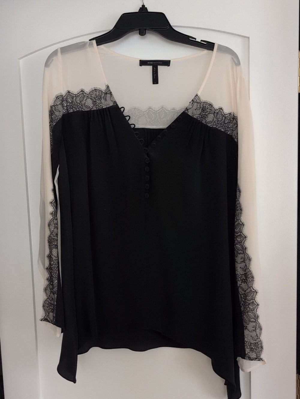 BCBGMaxAzria Black and Cream Lace-Trim Long Sleeve Blouse
